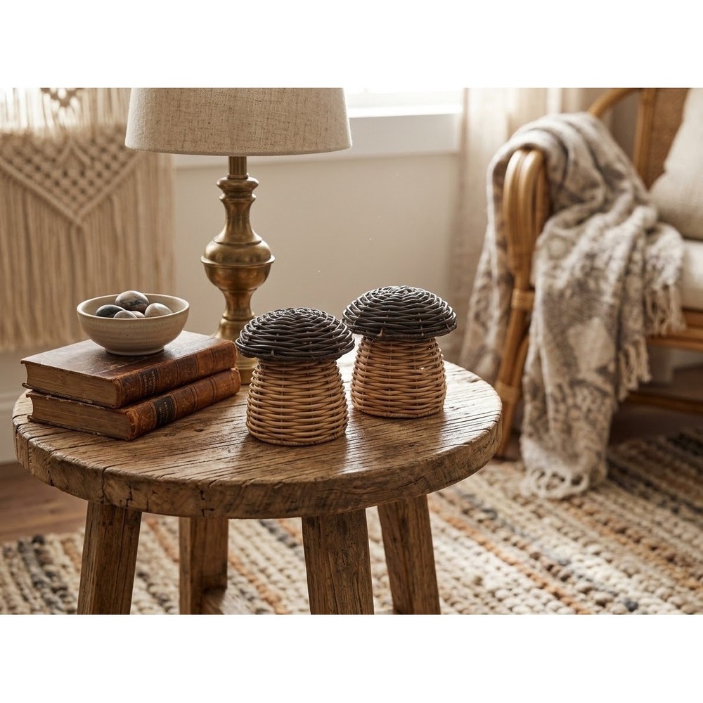 Woven Wicker Mushroom Decor Set 7x6 Brown Tan Rattan Woodland Cottagecore